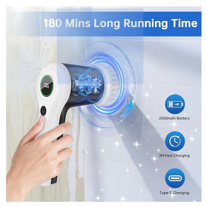 Cordless electric spin scrubber with battery display, 6 brush heads, and two speed settings for bathroom and home cleaning