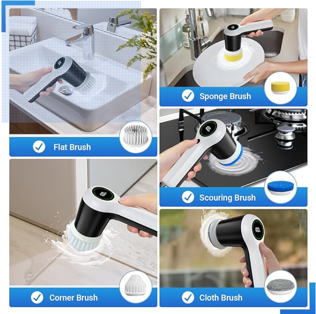 Cordless electric spin scrubber with battery display, 6 brush heads, and two speed settings for bathroom and home cleaning