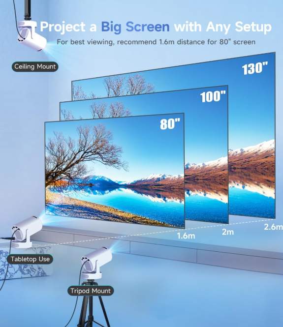 HY300Pro+ mini projector with 4K support, WiFi 6, Bluetooth 5.4, built-in speaker, and 180-degree rotation for home and outdoor entertainment