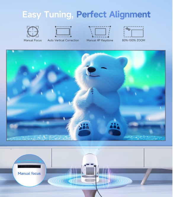 HY300Pro+ mini projector with 4K support, WiFi 6, Bluetooth 5.4, built-in speaker, and 180-degree rotation for home and outdoor entertainment