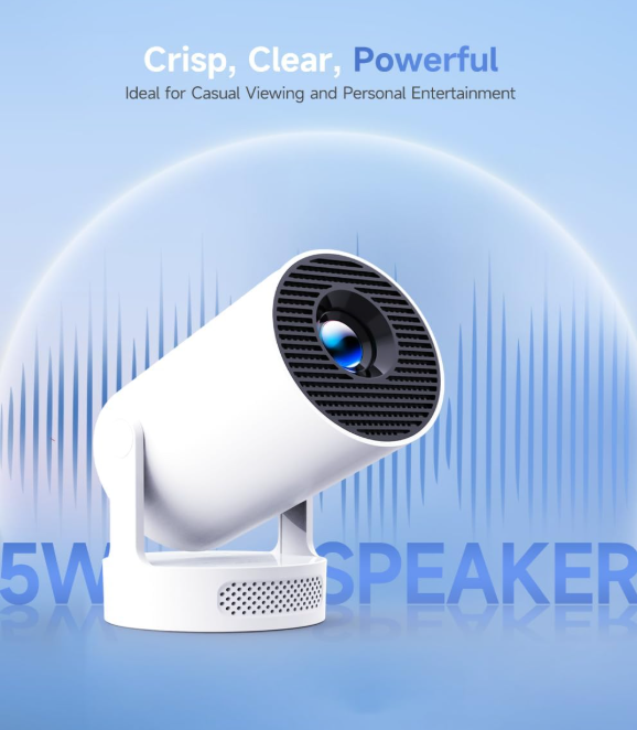 HY300Pro+ mini projector with 4K support, WiFi 6, Bluetooth 5.4, built-in speaker, and 180-degree rotation for home and outdoor entertainment