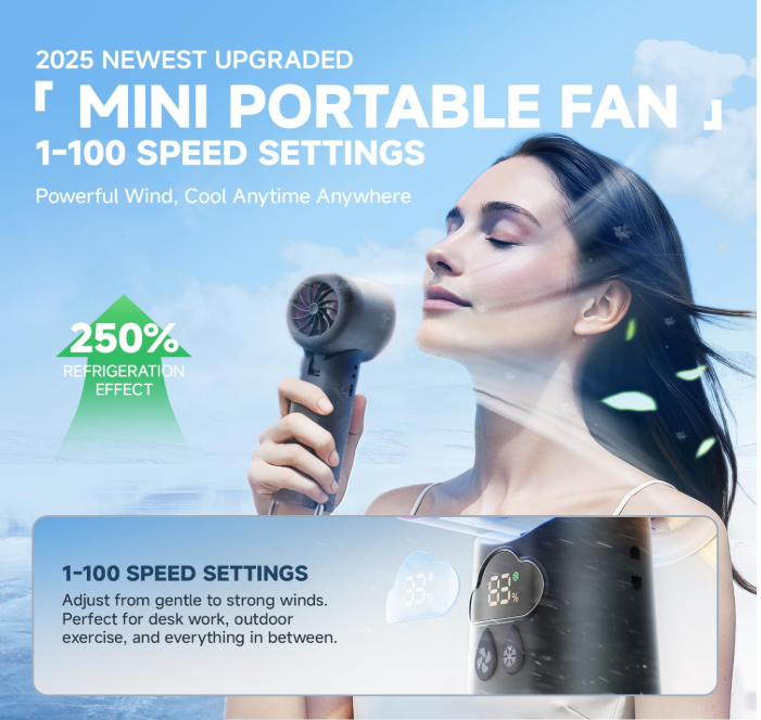 Grey 2025 upgraded portable handheld fan with 15000RPM turbo speed, 100-level cooling settings, and foldable design for travel and office use
