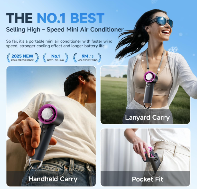 Grey 2025 upgraded portable handheld fan with 15000RPM turbo speed, 100-level cooling settings, and foldable design for travel and office use