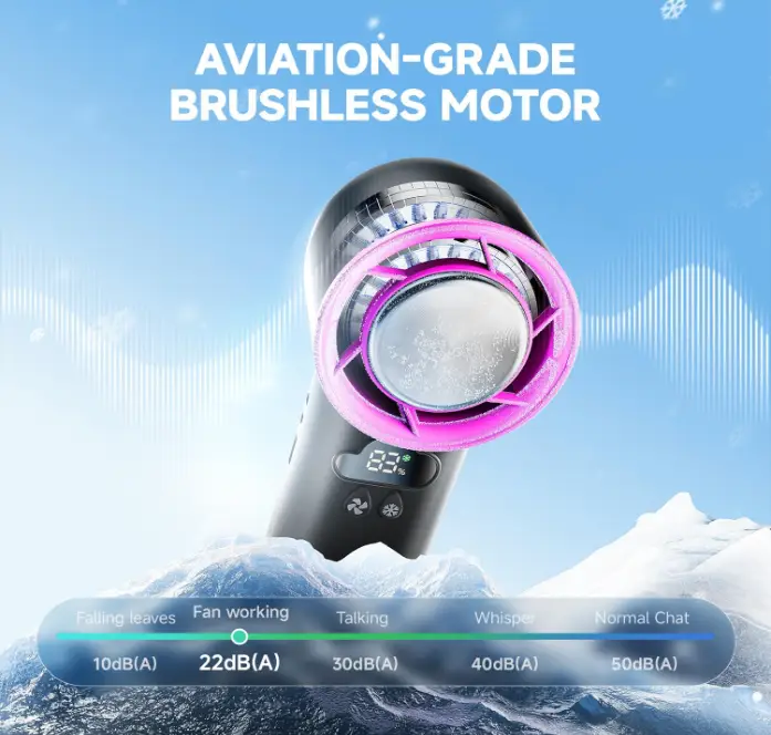 [2025 Upgrade] Coldest Turbo Hand Fan – Ultra-compact and collapsible handheld fan with 15000RPM speed, 24-hour runtime, and 100 adjustable cooling levels.