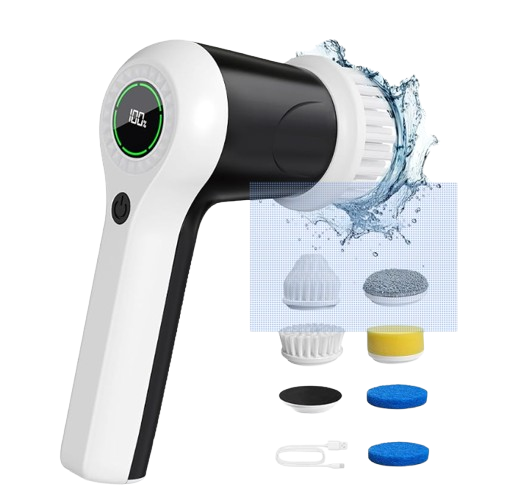 Cordless electric spin scrubber with battery display, 6 brush heads, and two speed settings for bathroom and home cleaning