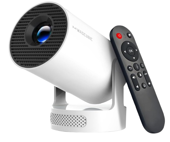 HY300Pro+ mini projector with 4K support, WiFi 6, Bluetooth 5.4, built-in speaker, and 180-degree rotation for home and outdoor entertainment